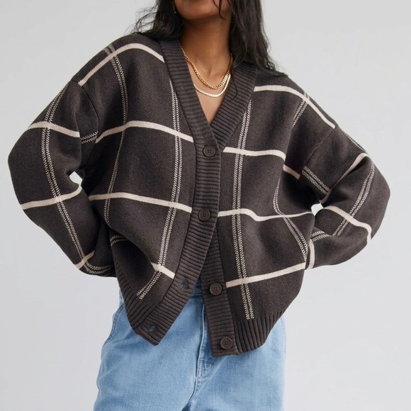 OAK + FORT Sweaters - OAK + FORT Plaid Cardigan Brown Oversized M Dark Academia Minimalist Fall Office